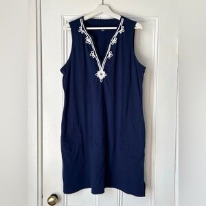 Lands End Women's Navy Blue & White Embroidered Sleeveless Cotton Dress L V Neck